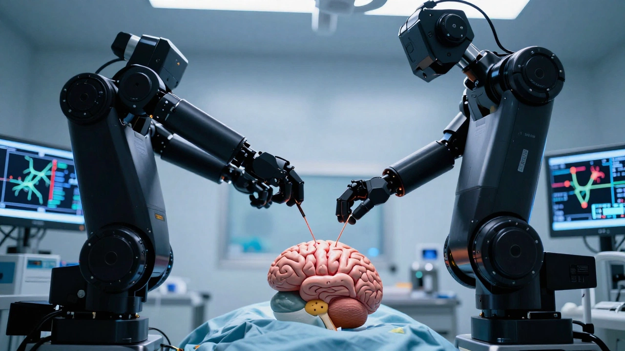 Neuralink surgical robot implanting N1 BCI threads in brain model for PRIME study