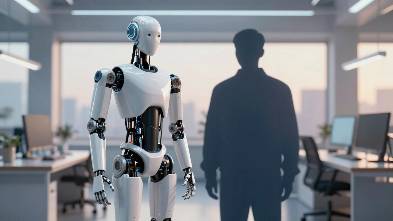 Optimus robot beside abstract worker silhouette concept