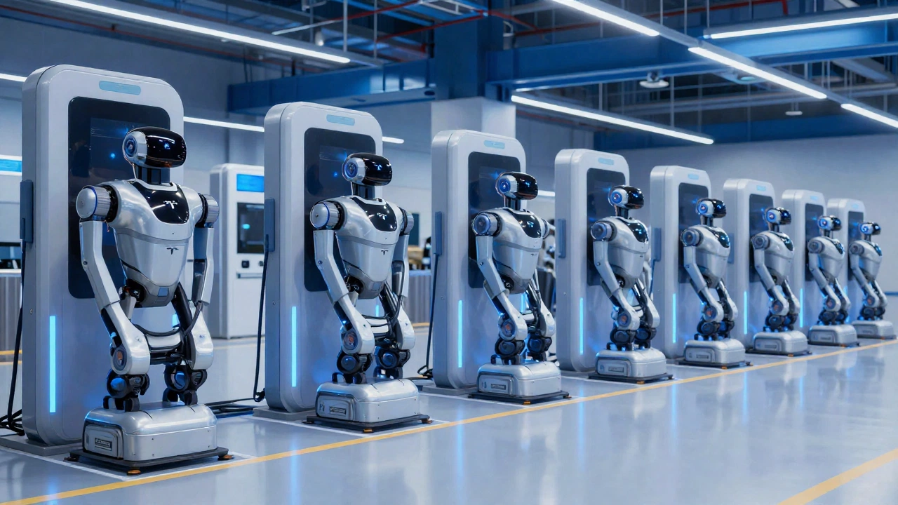 Tesla Optimus robots charging at factory stations