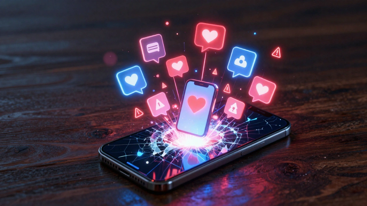 AI girlfriend apps exploding on smartphone with warning symbols - digital companionship risks and market growth