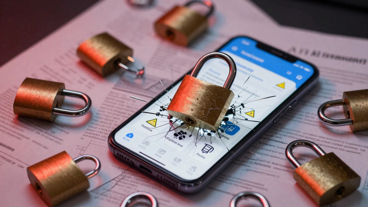 Smartphone data breach with locks and exposed files for AI app security