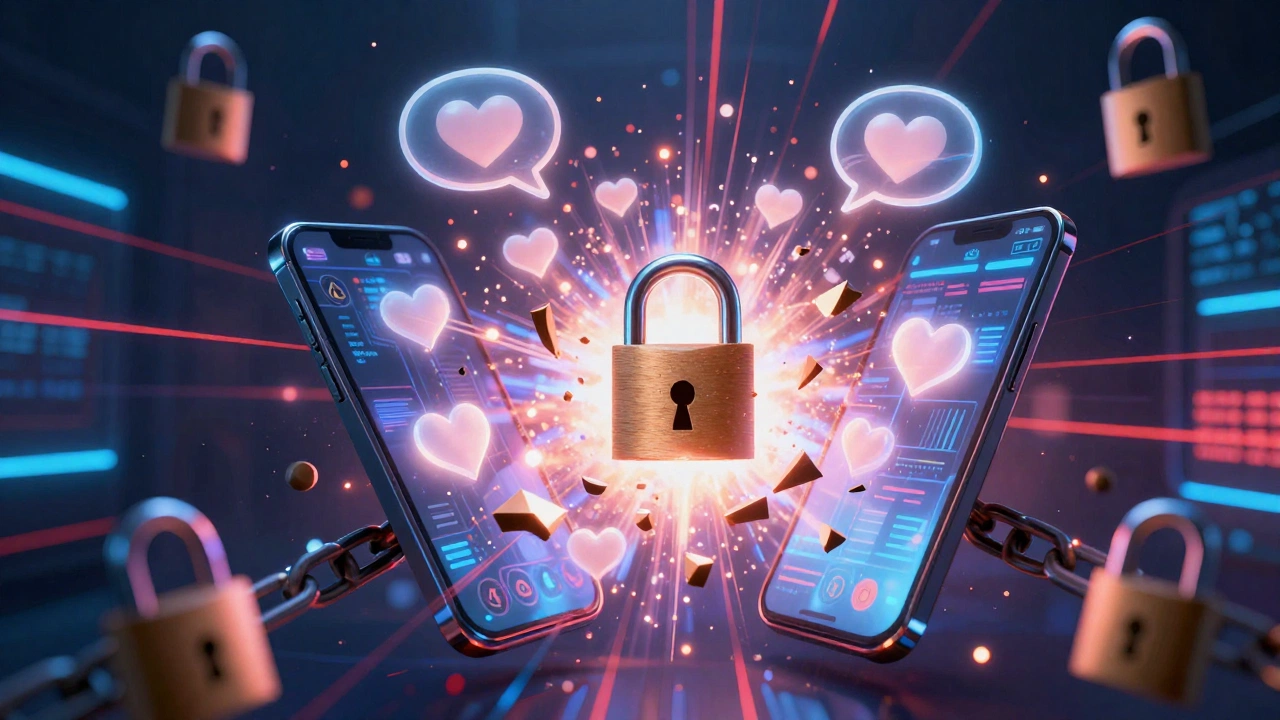 AI girlfriend apps exploding with privacy warnings and digital hearts symbolic image