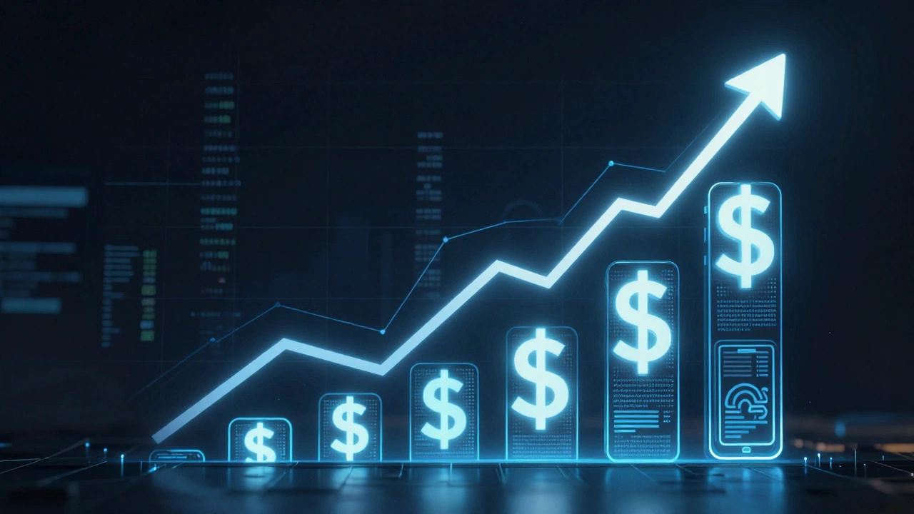 AI companion market growth visualization with smartphone and dollar icons