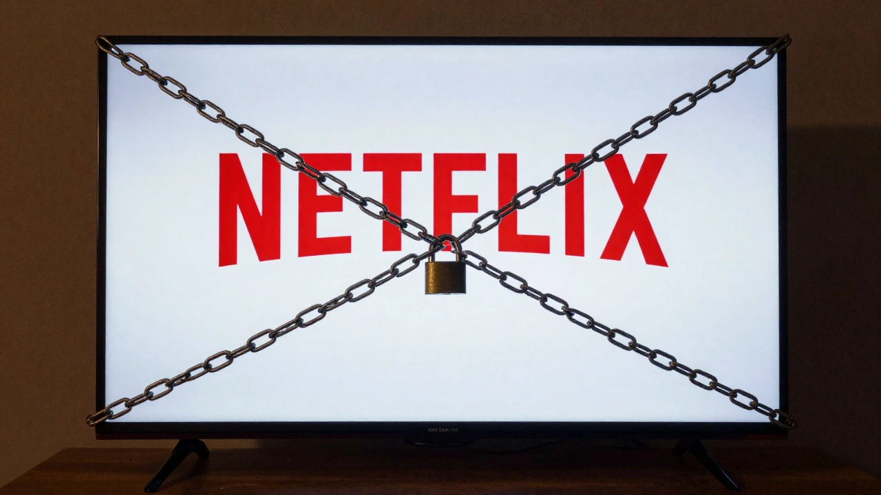 Netflix password sharing crackdown 2026 symbolic lock and chain on TV screen